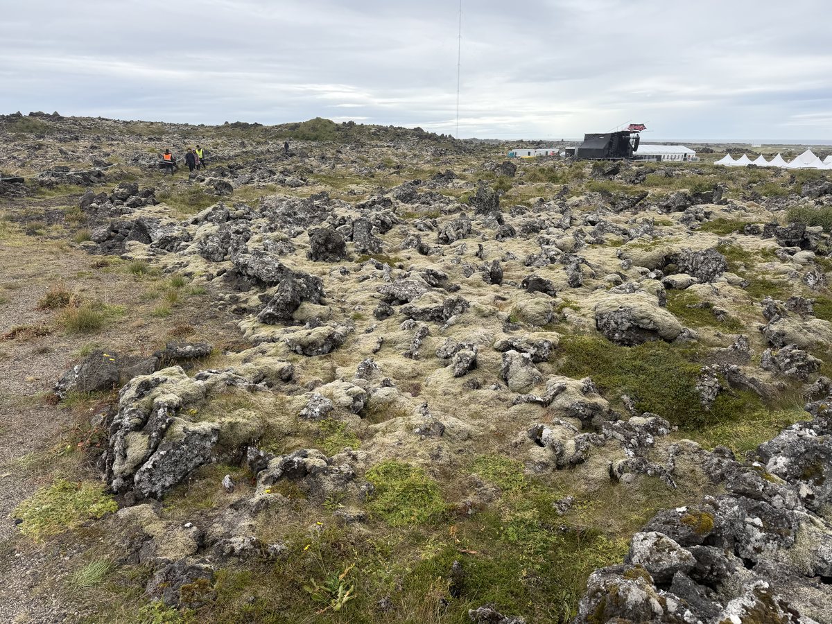 Moss and lichen over broken lava in the foreground;
      the stage structure, white tent rows and crew on the horizon